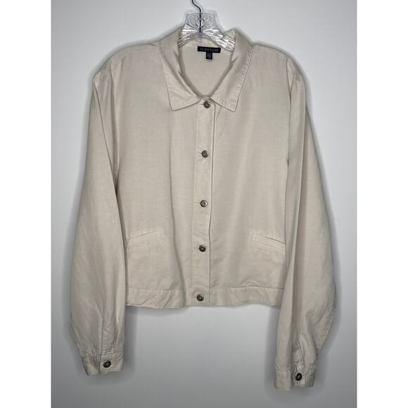 Eileen Fisher Boxy linen blend collared jacket neutral button front beige large - Picture 2 of 12